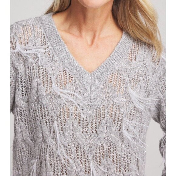 New Chico's Gray Wool blend Sequins Feather Pullover Sweater Top - Picture 4 of 15